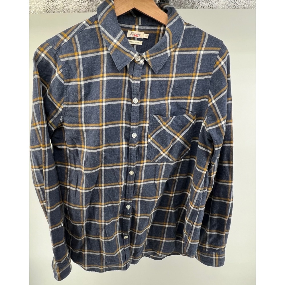 Faherty Organic Cotton Plaid Flannel Shirt Women's Size Small Blue Mustard 0619‎